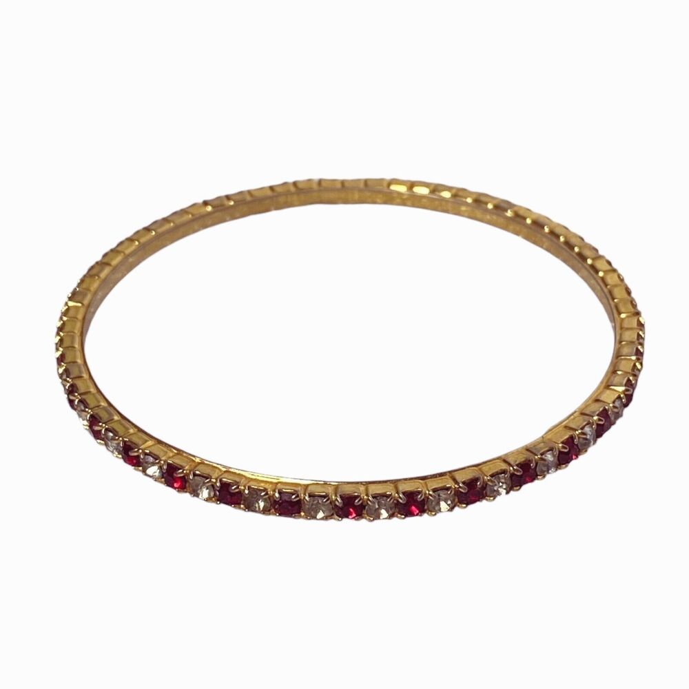 Red White Rhinestone Bangle Thin Bracelet Gold Tone Bling Holiday Festive
